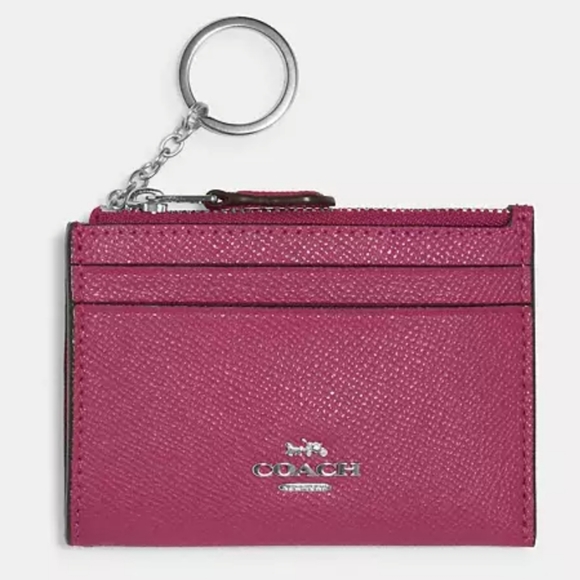 Coach Mini Skinny ID card case Leather Silvertone hardware Raspberry ID keyring - Picture 6 of 8